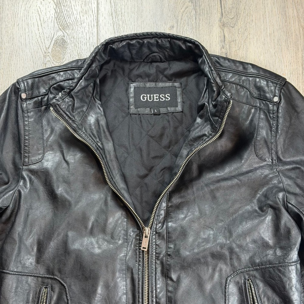 Guess Mens Faux Leather Moto Racer Jacket Black Full Zip Large Biker